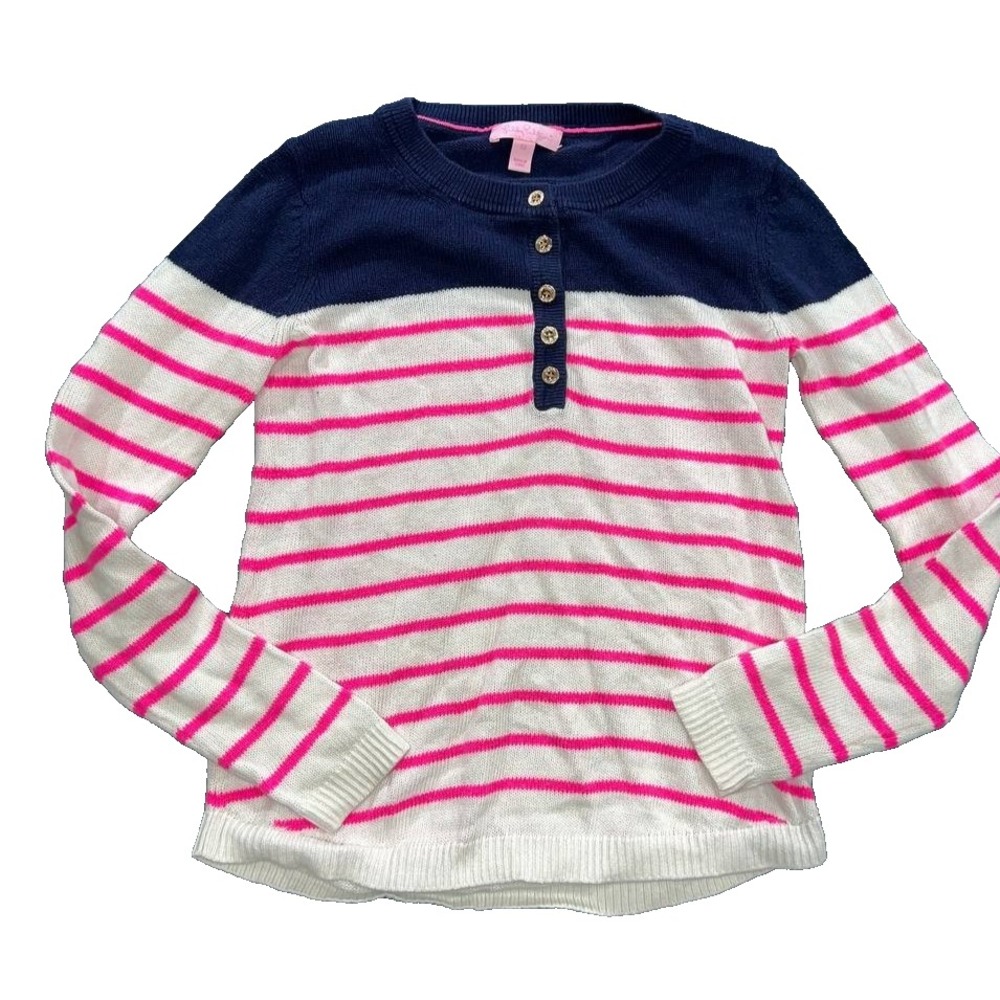 Lilly Pulitzer Adair Striped Cotton/Wool Sweater Gold Buttons Women's XS A009302